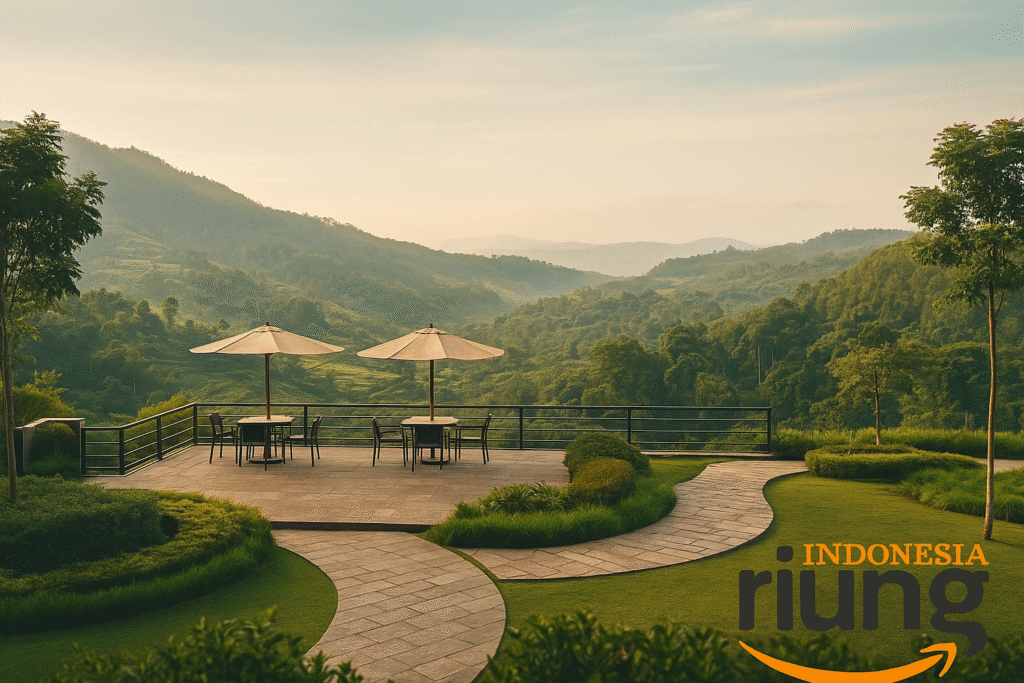 Area outdoor resort dengan latar lembah hijau