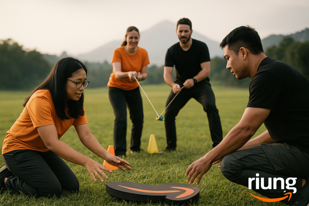 Peserta outbound mengikuti permainan koordinasi di area outdoor hotel