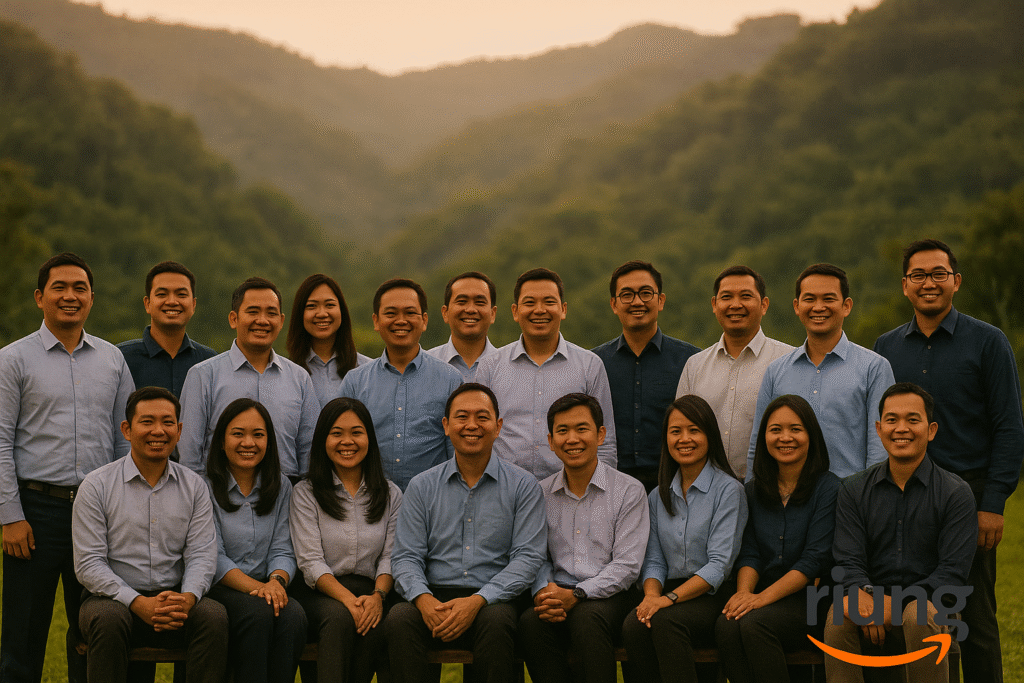 Momen foto bersama karyawan di area outdoor hotel