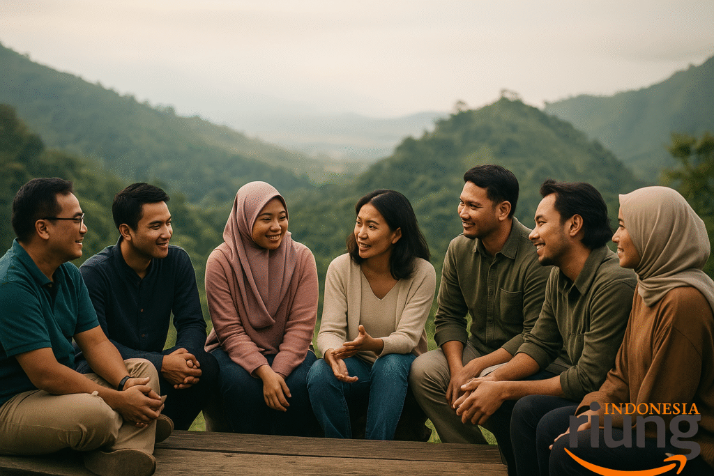 Peserta gathering berdiskusi santai di area resort
