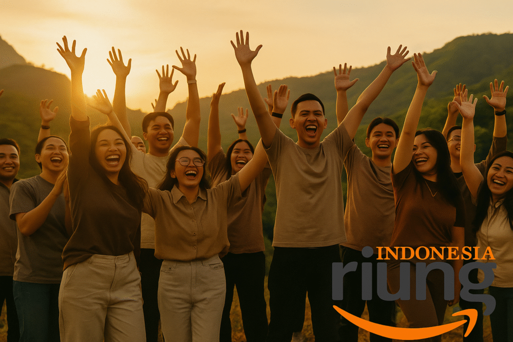 Foto kelompok outing dengan latar perbukitan hijau