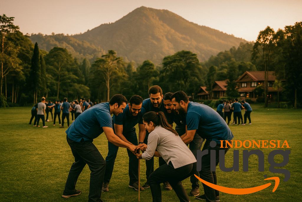 Games kerja sama tim di halaman luar Grand Aston Puncak.