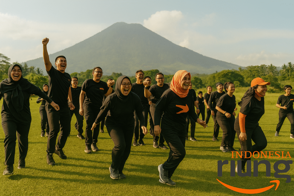 Suasana team building santai berlatar pegunungan Puncak yang hijau.