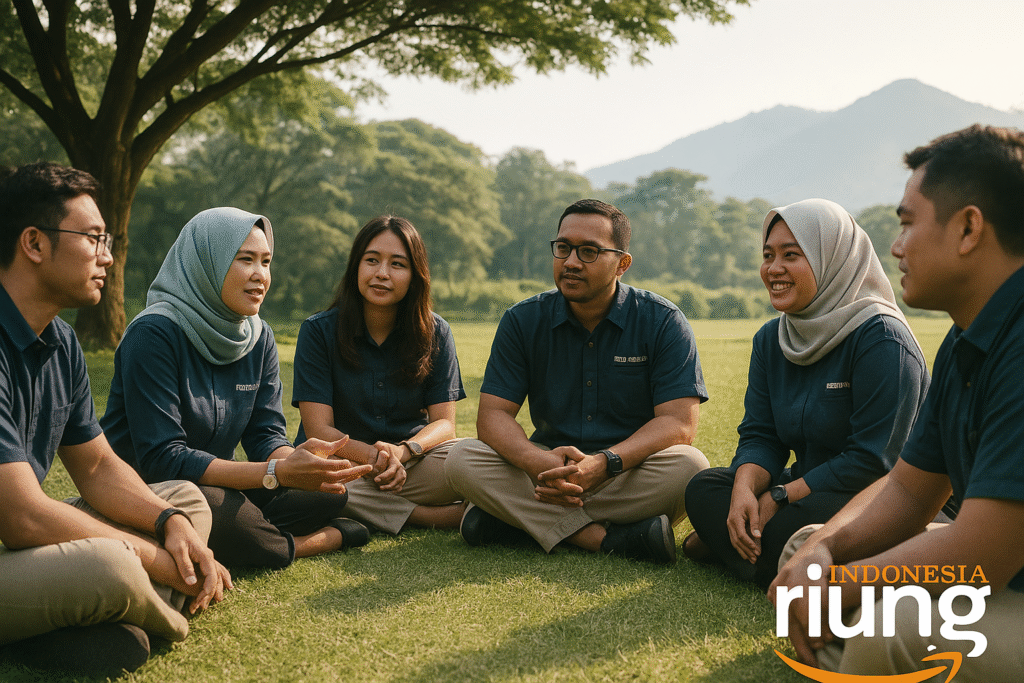 Aktivitas diskusi kelompok dalam kegiatan outbound perusahaan.