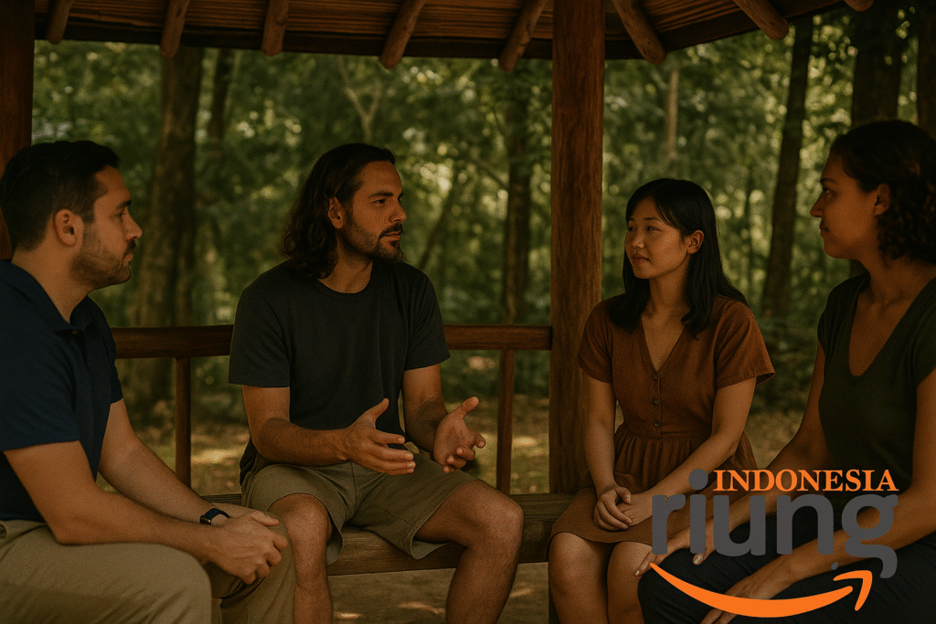 Sesi team bonding perusahaan dengan latar alam Puncak.