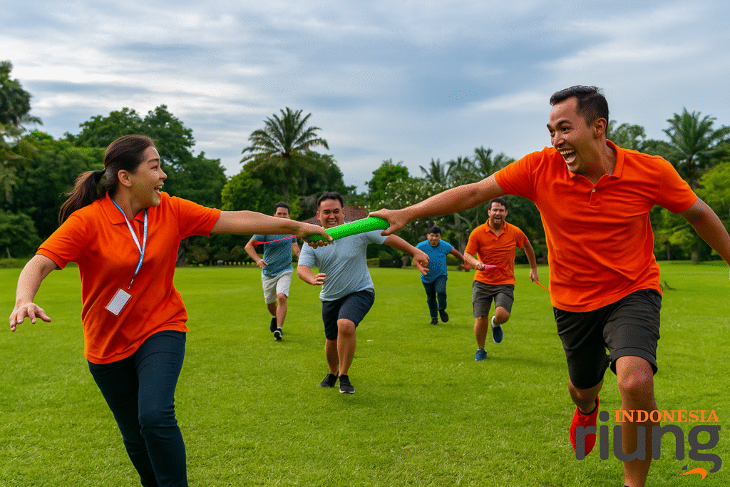 Karyawan mengikuti fun games outbound di area lapang resort.