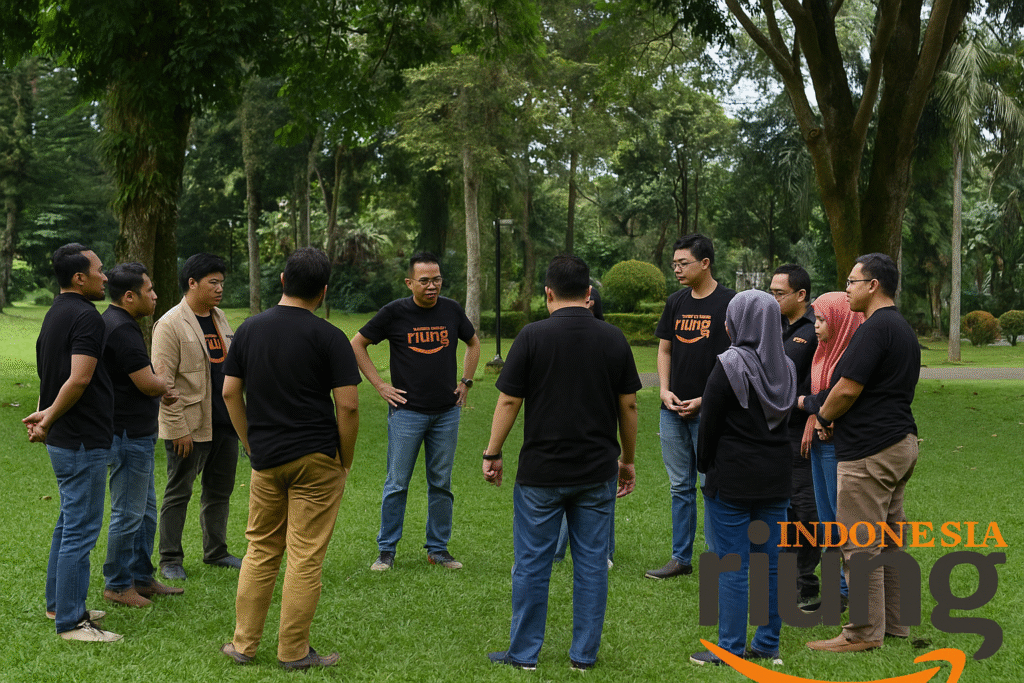 Peserta outbound melakukan aktivitas tim di area outdoor Royal Safari Garden.