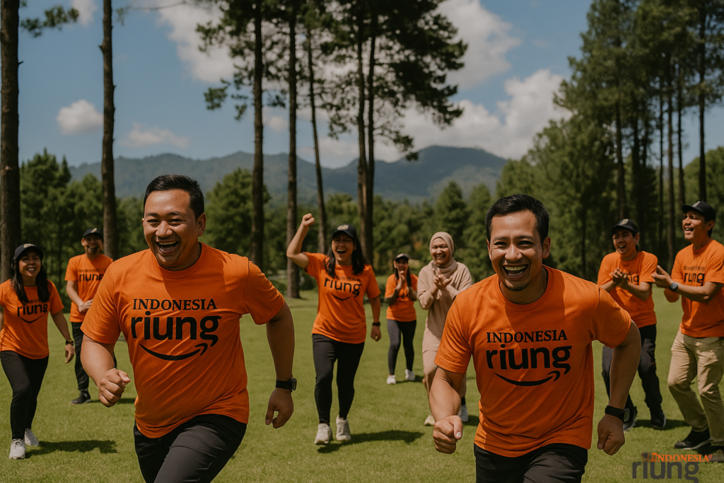 Peserta gathering perusahaan mengikuti fun games di area outdoor Ciloto Indah Permai.