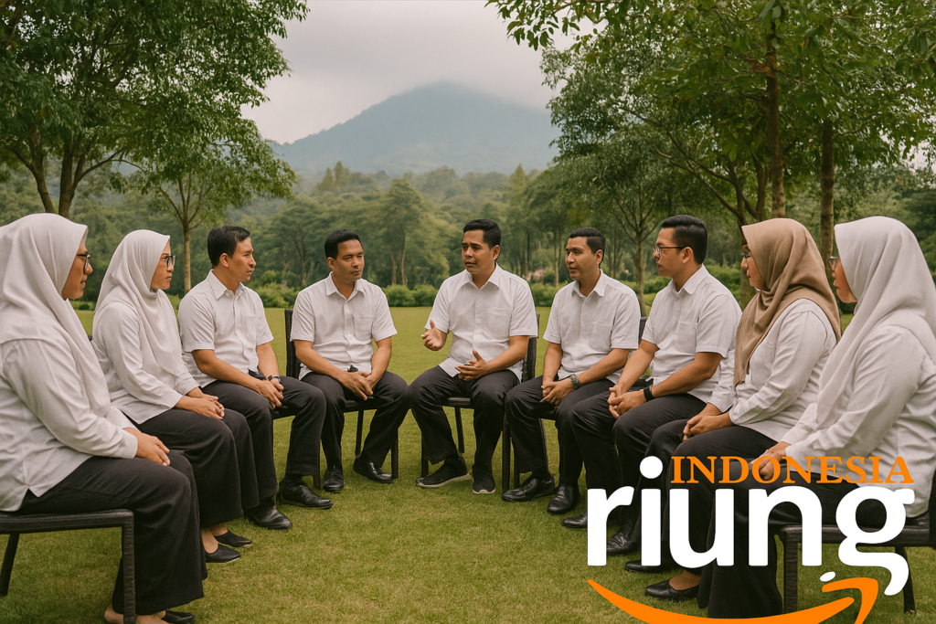 Karyawan duduk santai mengikuti sesi sharing di area terbuka resort.