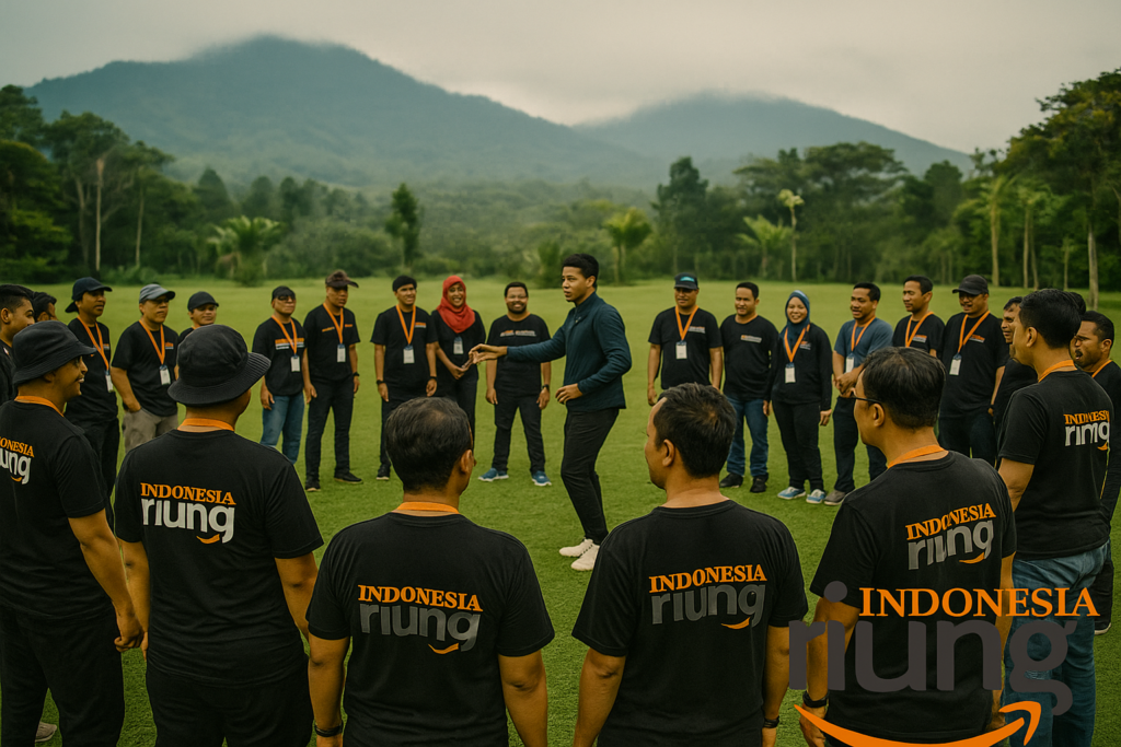 Tim perusahaan mengikuti fun games kolaboratif outdoor.