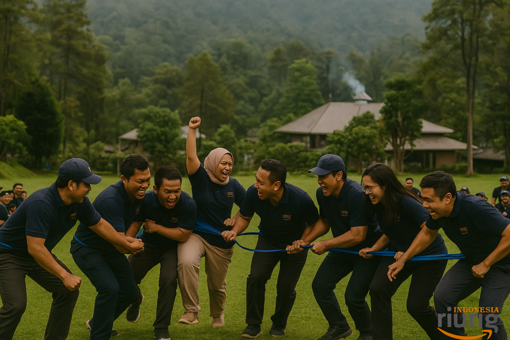 Simulasi tantangan tim di area outbound Cigwa Megamendung.