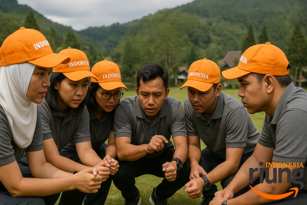 Peserta team building mengikuti aktivitas outdoor di Cigwa Megamendung.