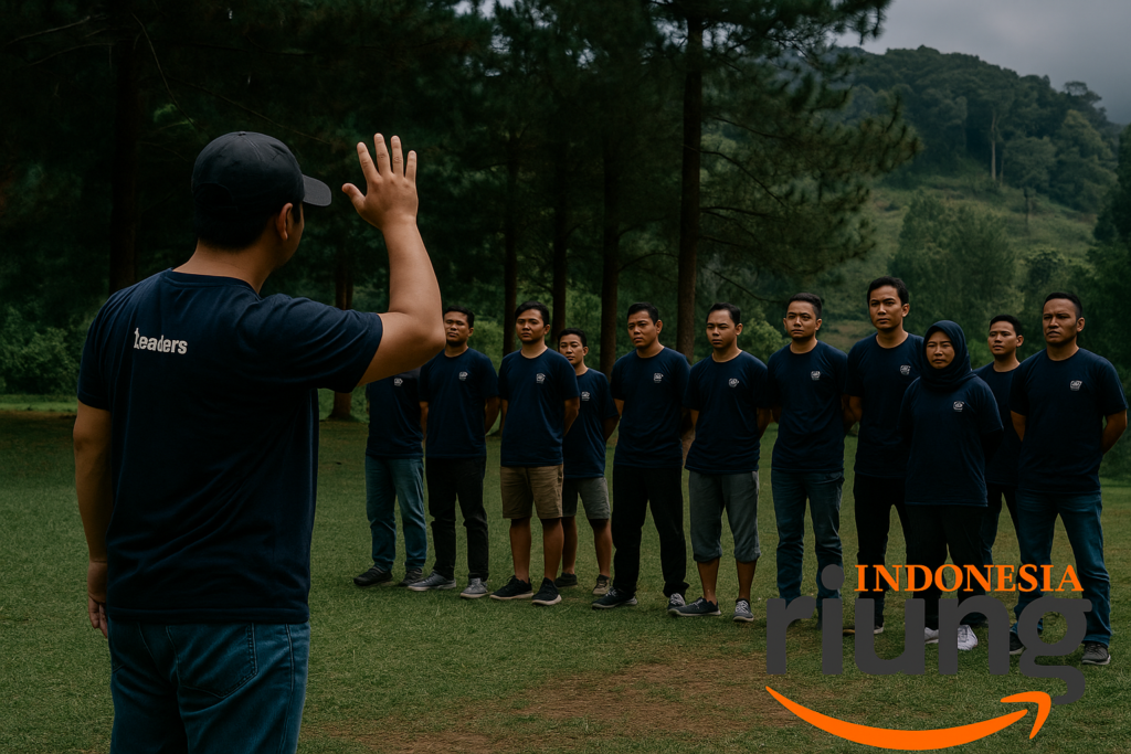 Fasilitator memandu kegiatan outbound perusahaan di Cigwa Megamendung