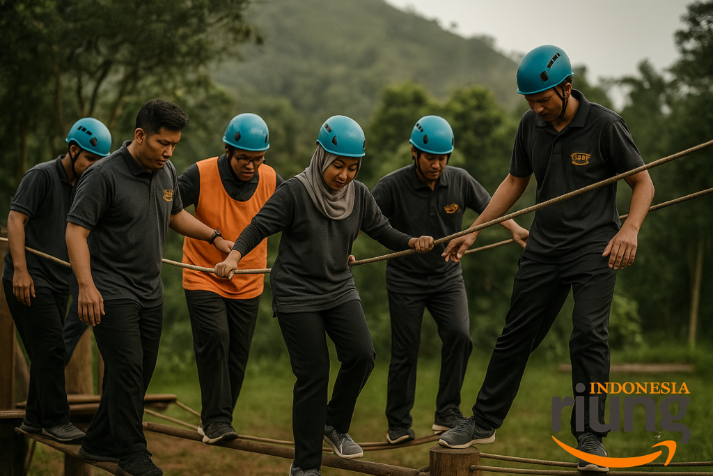 Fun games outbound karyawan dengan latar alam Cigwa Megamendung.