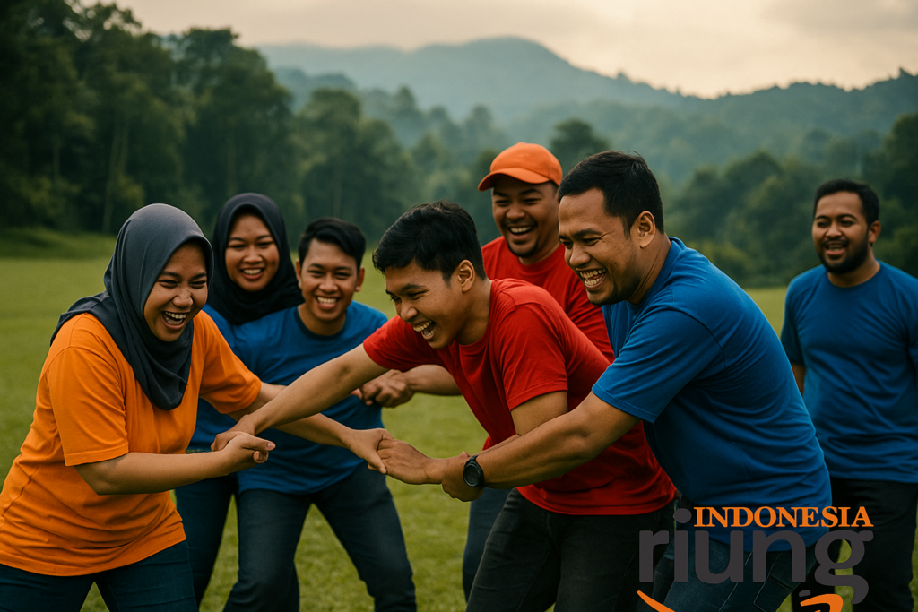 Kegiatan outing perusahaan di lapangan Cigwa Megamendung.