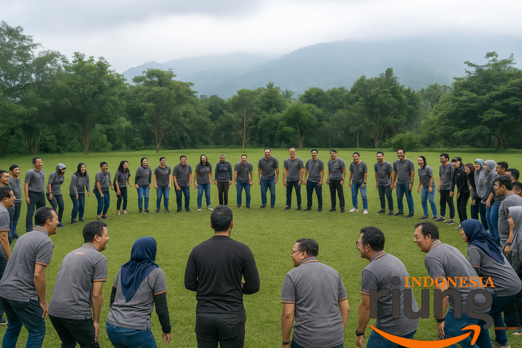 Suasana gathering perusahaan di lapangan CIGWA Megamendung.