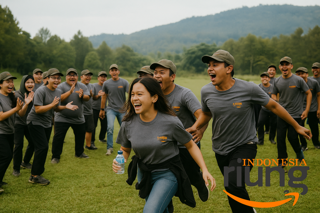 Karyawan menikmati acara bersama di area outdoor