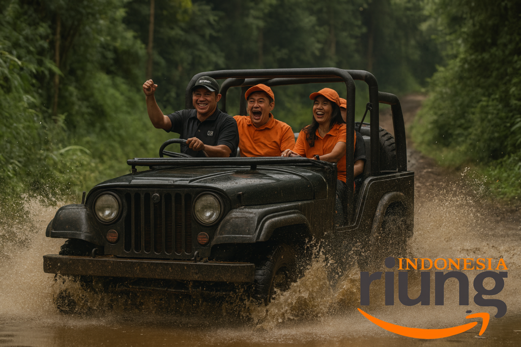 Momen jeep melewati genangan air dalam jalur offroad Puncak