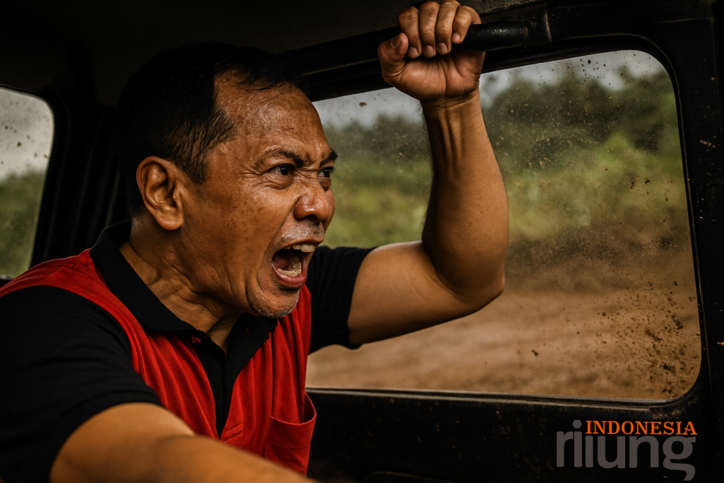 Peserta offroad perusahaan menaiki jeep melintasi jalur tanah berlumpur dekat Grand Ussu