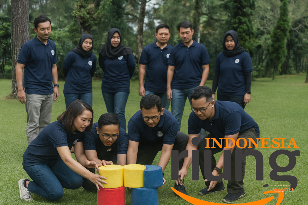 Peserta outing melakukan permainan kebersamaan di Megamendung