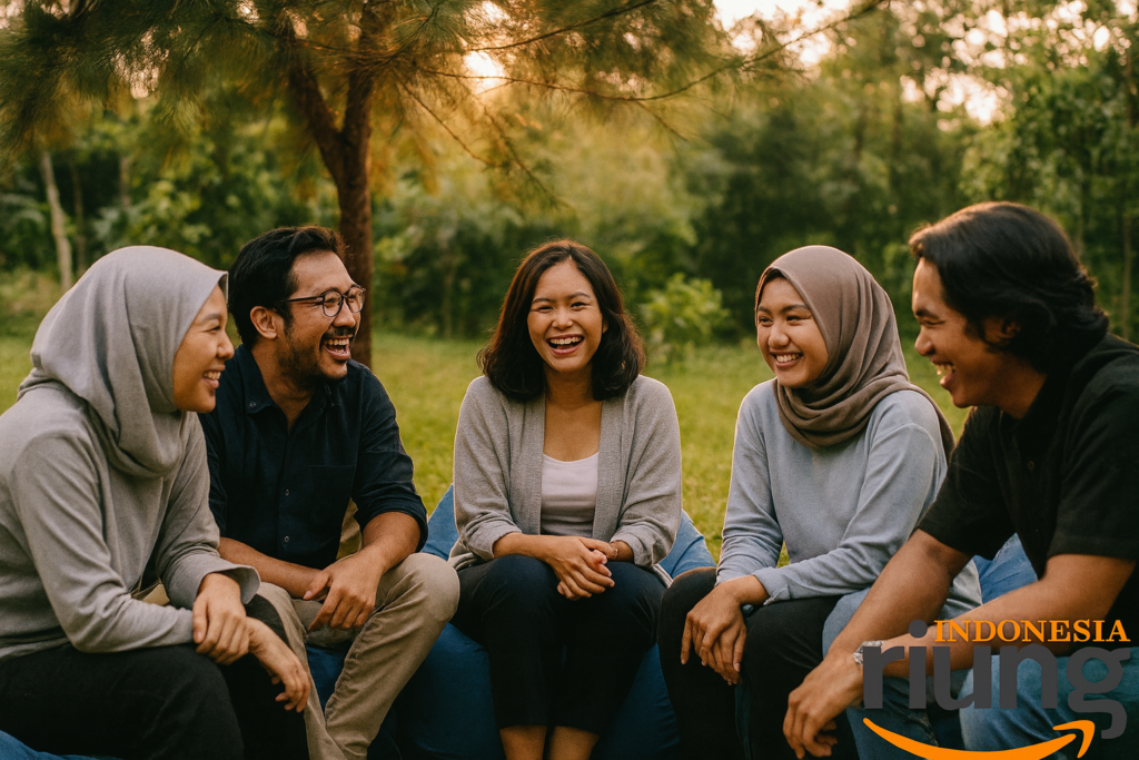 Interaksi tim dalam kegiatan outing di area hijau Megamendung.