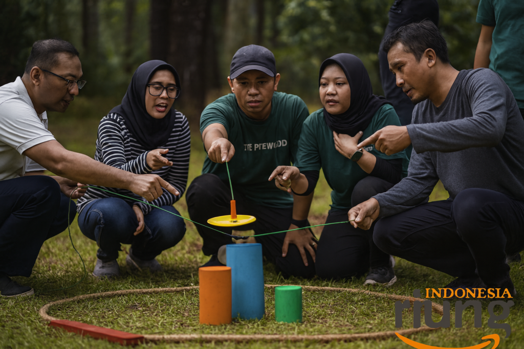 Peserta outbound mengikuti tantangan kelompok di The Pinewood