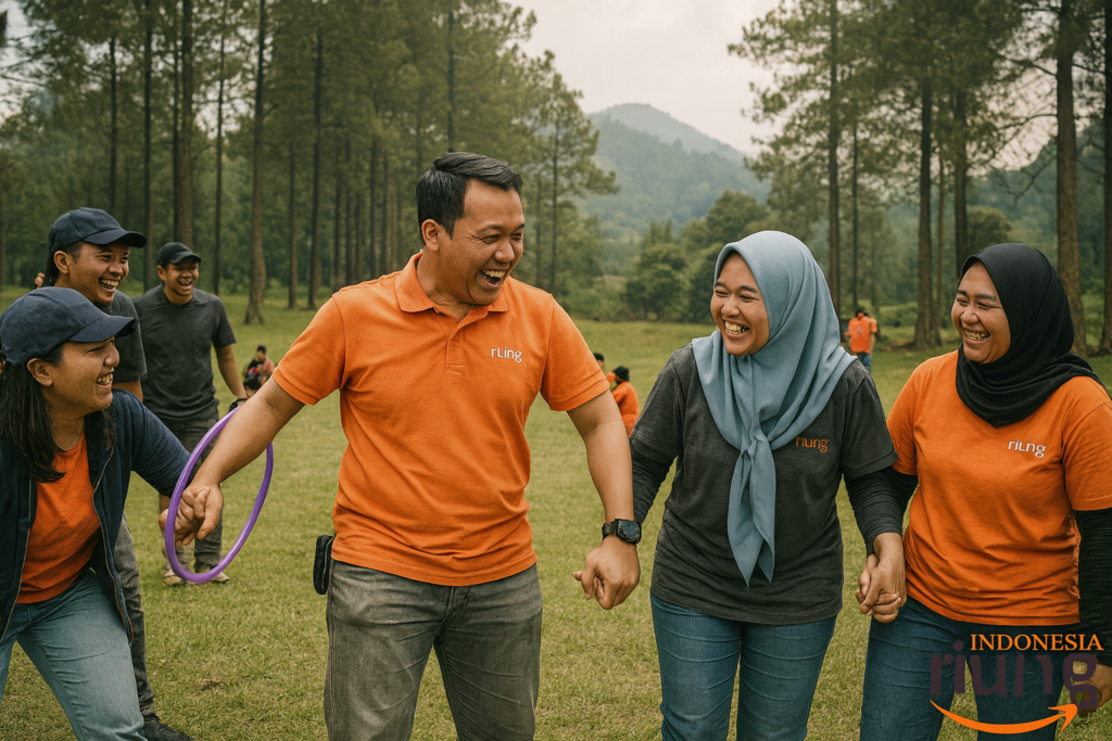 Peserta outing melakukan kegiatan kelompok di area lapangan