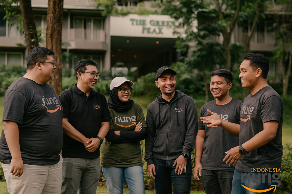 Aktivitas kebersamaan dalam outing perusahaan, di mana peserta berkumpul dalam kelompok kecil untuk berkomunikasi secara informal.