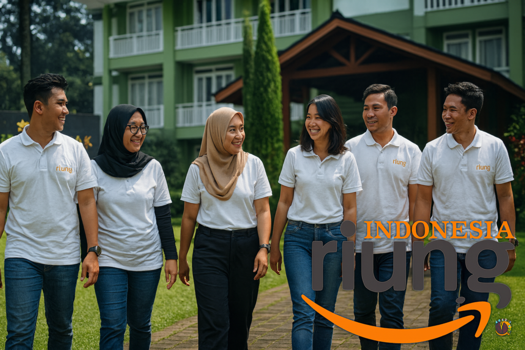 Momen karyawan perusahaan sedang berjalan bersama di area hotel saat outing berlangsung.