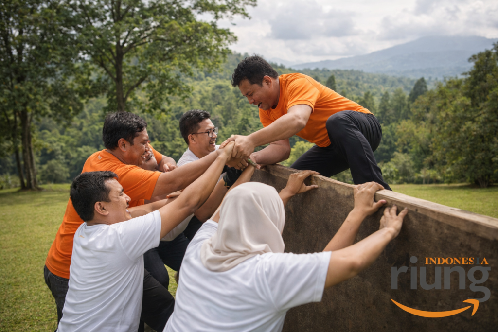 Kegiatan outbound perusahaan di JSI Resort Megamendung dengan suasana alam terbuka.