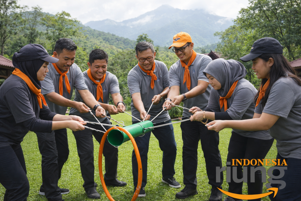 Momen kerja sama tim dalam kegiatan outbound perusahaan di JSI Resort Megamendung.