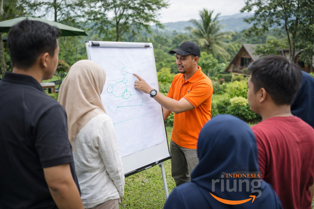 Suasana outbound perusahaan yang cair dan komunikatif di JSI Resort Megamendung.