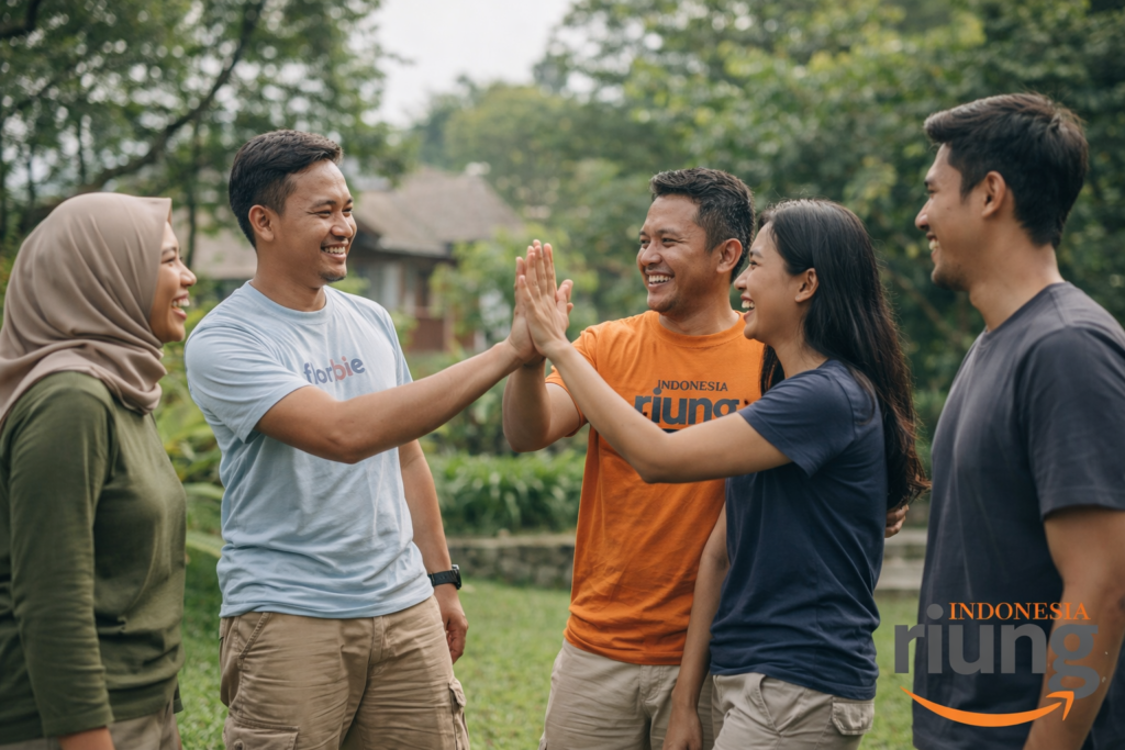 Momen kebersamaan peserta outbound perusahaan setelah menyelesaikan aktivitas