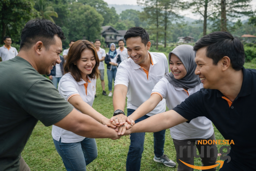 Momen kebersamaan tim perusahaan saat outing di JSI Resort Megamendung.