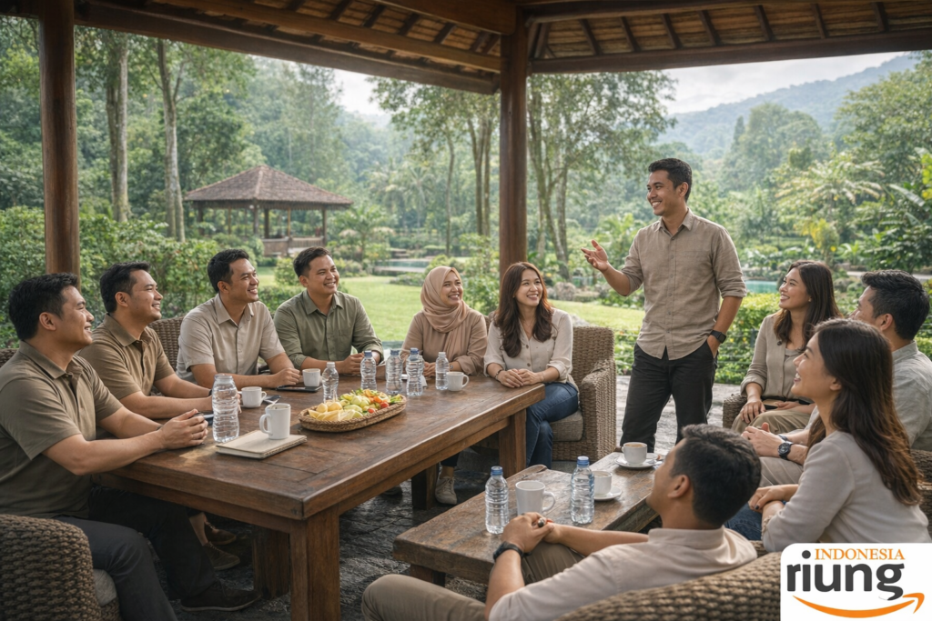 Interaksi karyawan saat outing perusahaan di Puncak