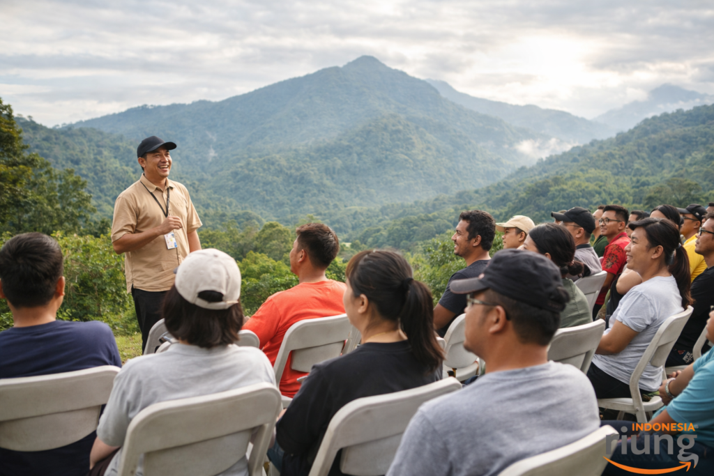 Briefing peserta outbound dengan suasana pegunungan