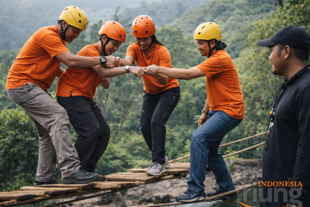Kegiatan outbound kelompok di Puncak Bogor