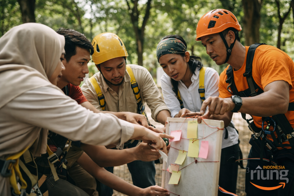 Aktivitas outbound kerja sama kelompok di kawasan Puncak