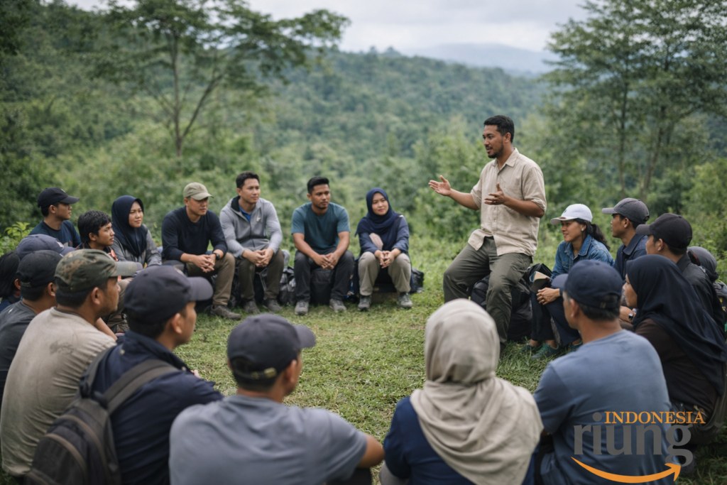 Fasilitator outbound memandu aktivitas di area Santa Monica Resort