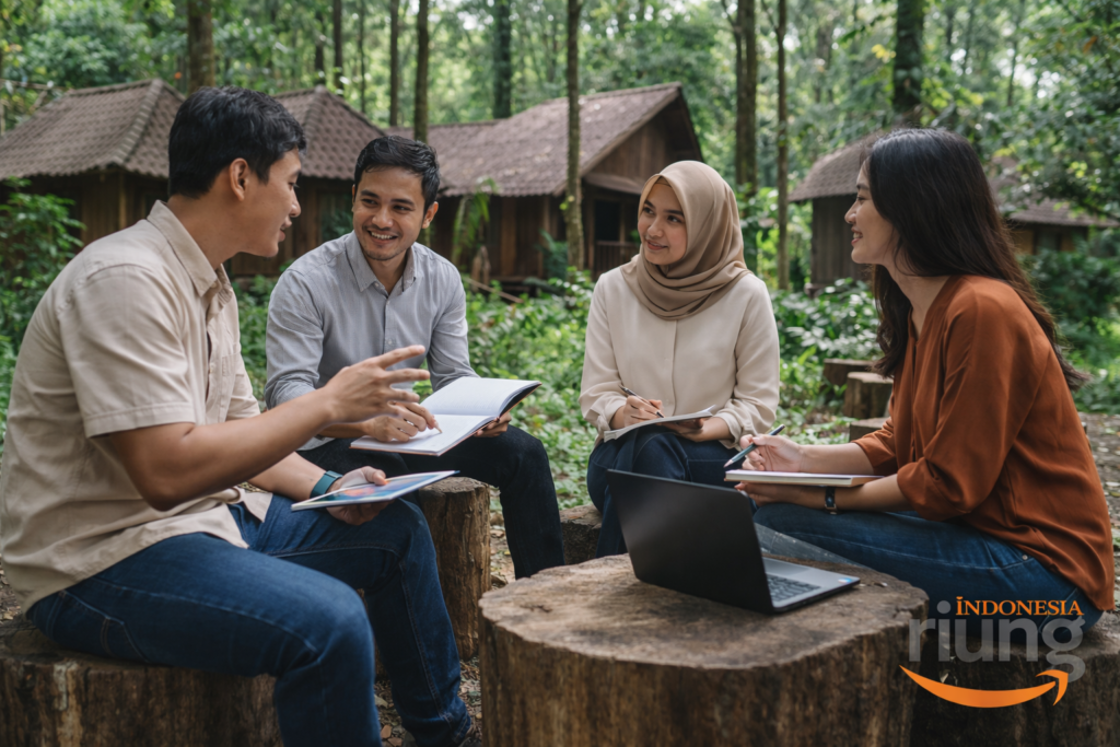 Diskusi singkat peserta outbound di Green Forest Bogor