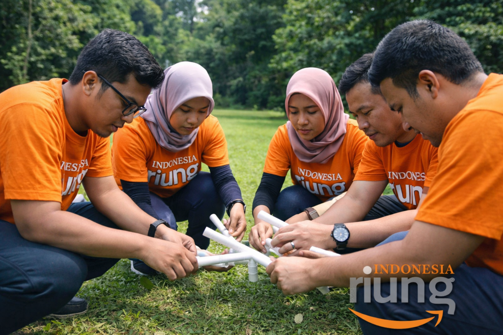 Kegiatan outbound dan team building di Green Forest Bogor dengan latar alam hijau