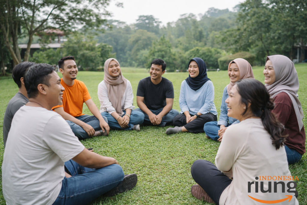 Kebersamaan peserta outing di The Village Resort Bogor dalam lingkungan resort alam