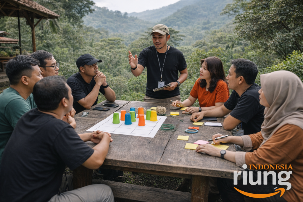 Interaksi peserta saat outbound team building di Pancawati