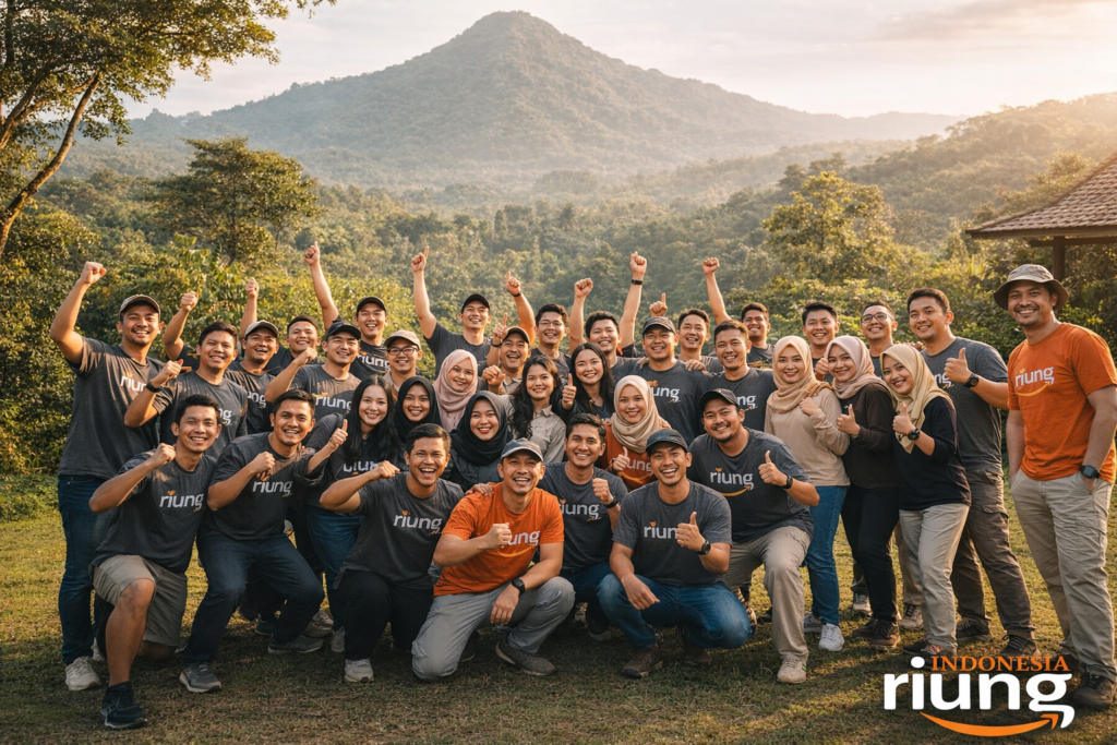 Suasana kegiatan team building berlatar alam pegunungan Pancawati