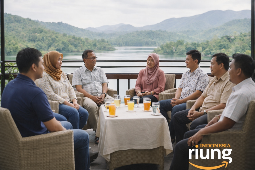 Kegiatan santai peserta outing di area outdoor resort dengan pemandangan danau