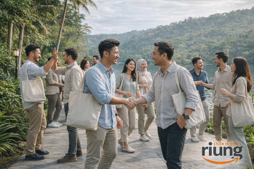 Interaksi peserta saat gathering berlatar pemandangan danau