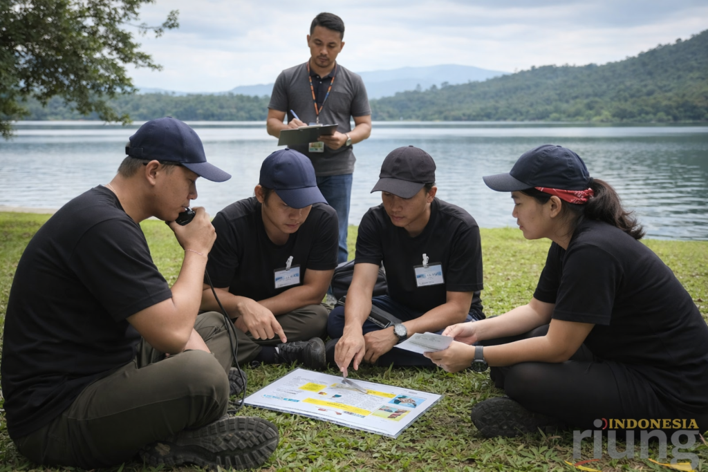 Simulasi kerjasama tim pada kegiatan outbound dengan pemandangan danau lido bogor