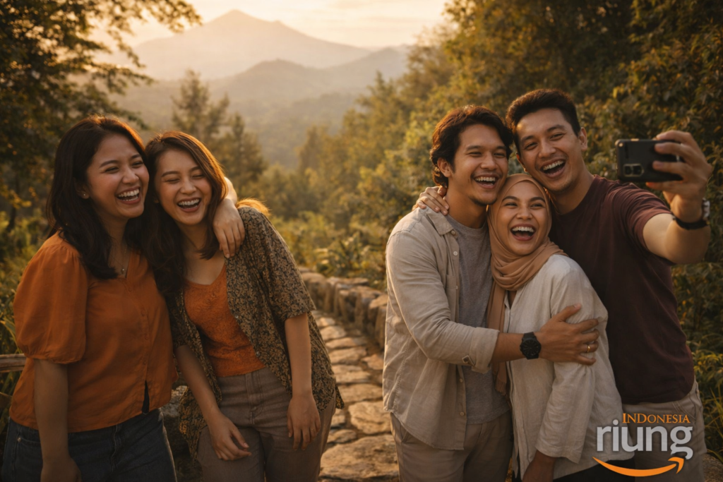 Sesi foto bersama dengan latar pegunungan di 5G Resort