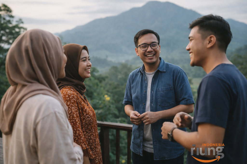 Momen interaksi peserta gathering dengan panorama hijau