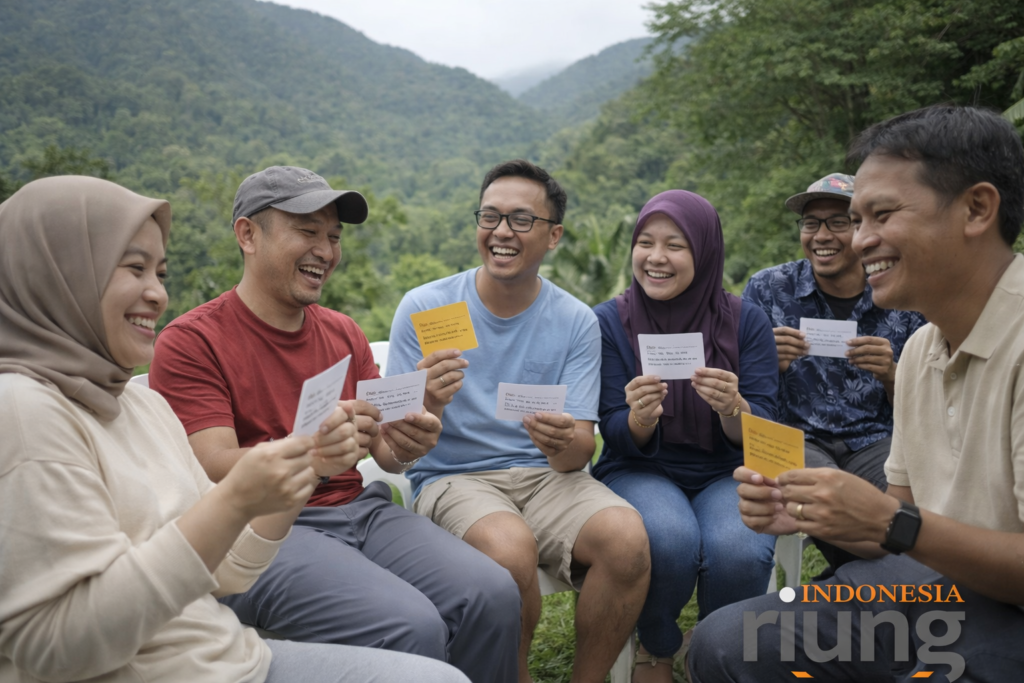 Aktivitas outing kelompok dengan latar pegunungan Bogor